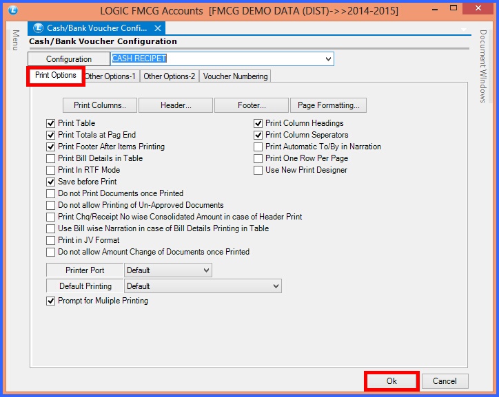 fmcg cash bank voucher configuration print options